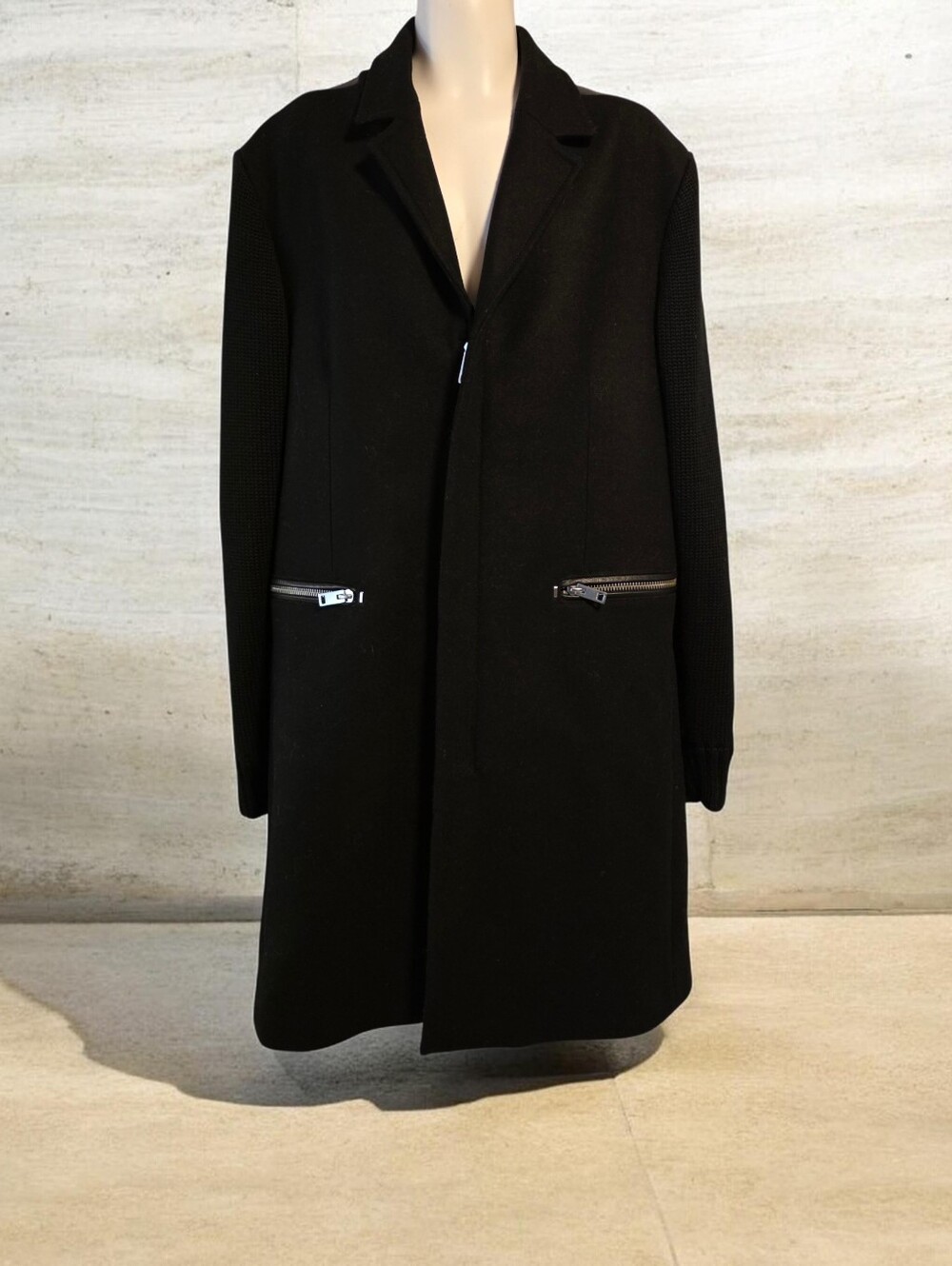 **Diesel Black Wool Blend Knit Sleeve Coat Size XL**